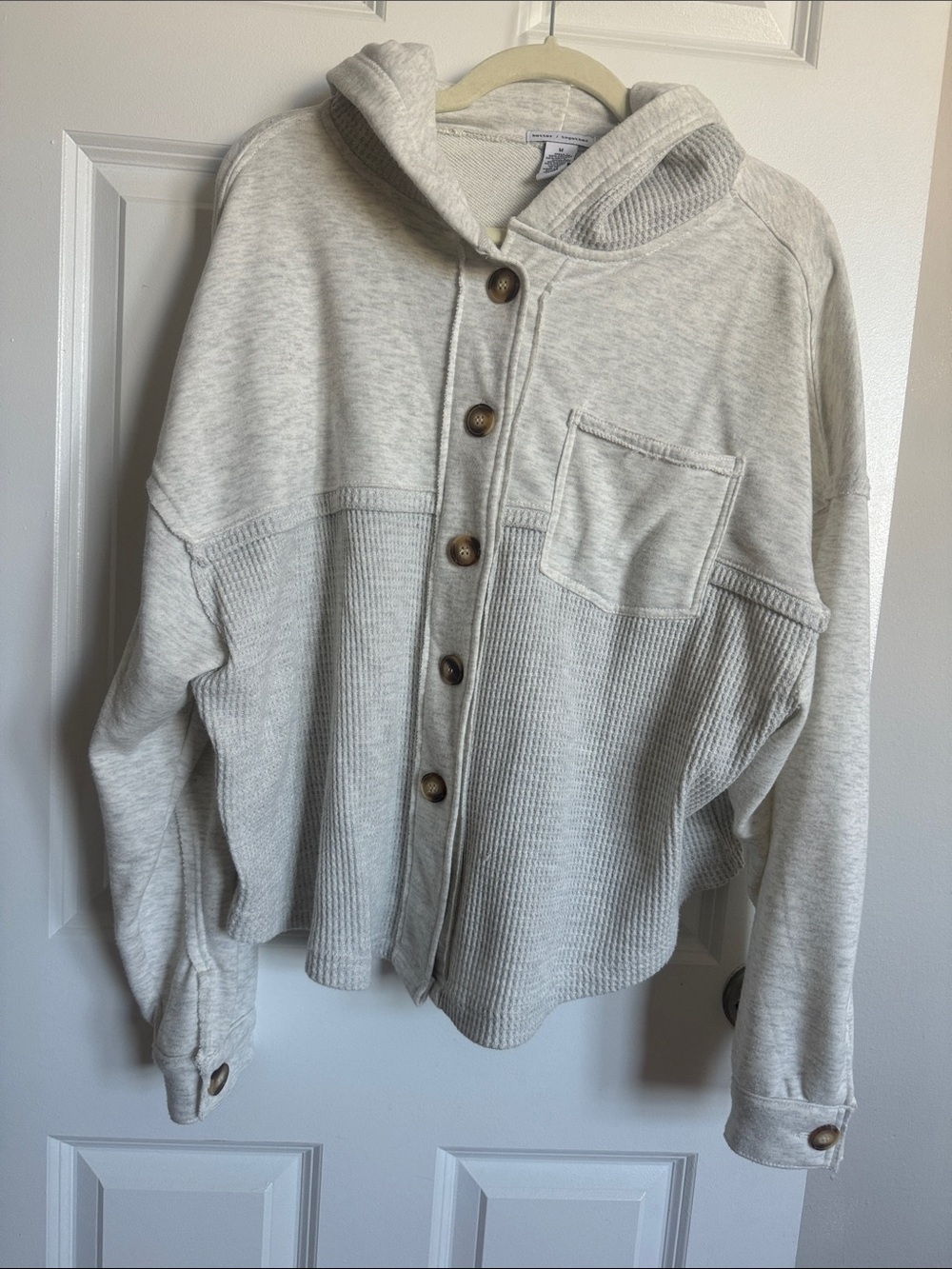 Light Gray Hooded Button-Front Women's Sweater Jacket